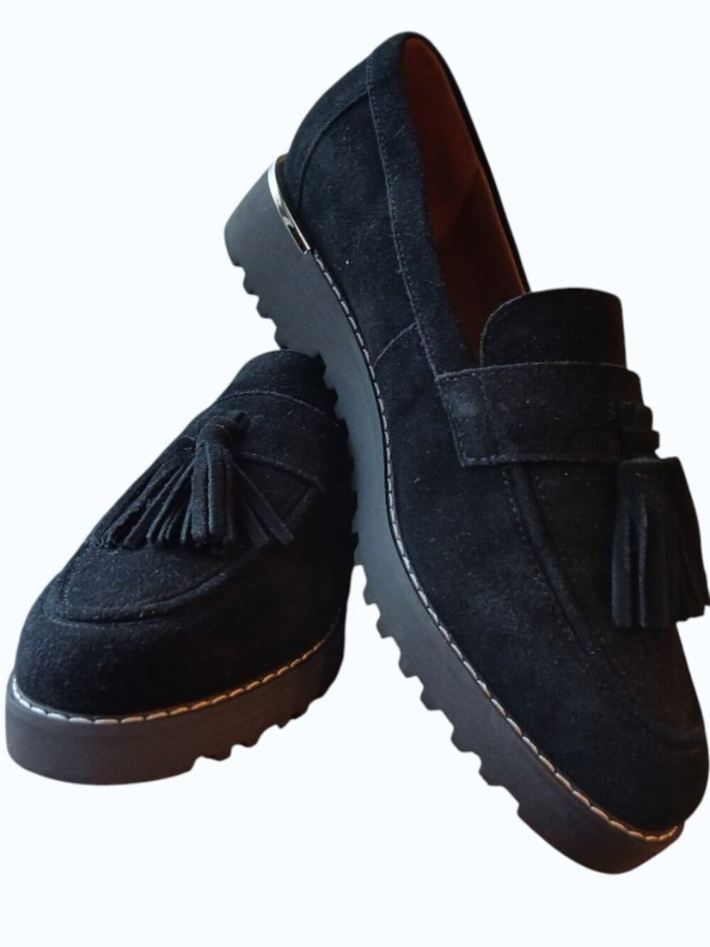 NWOB- FRANCO SARTO Carolynn Black Suede Tasseled Lug Sole Loafers